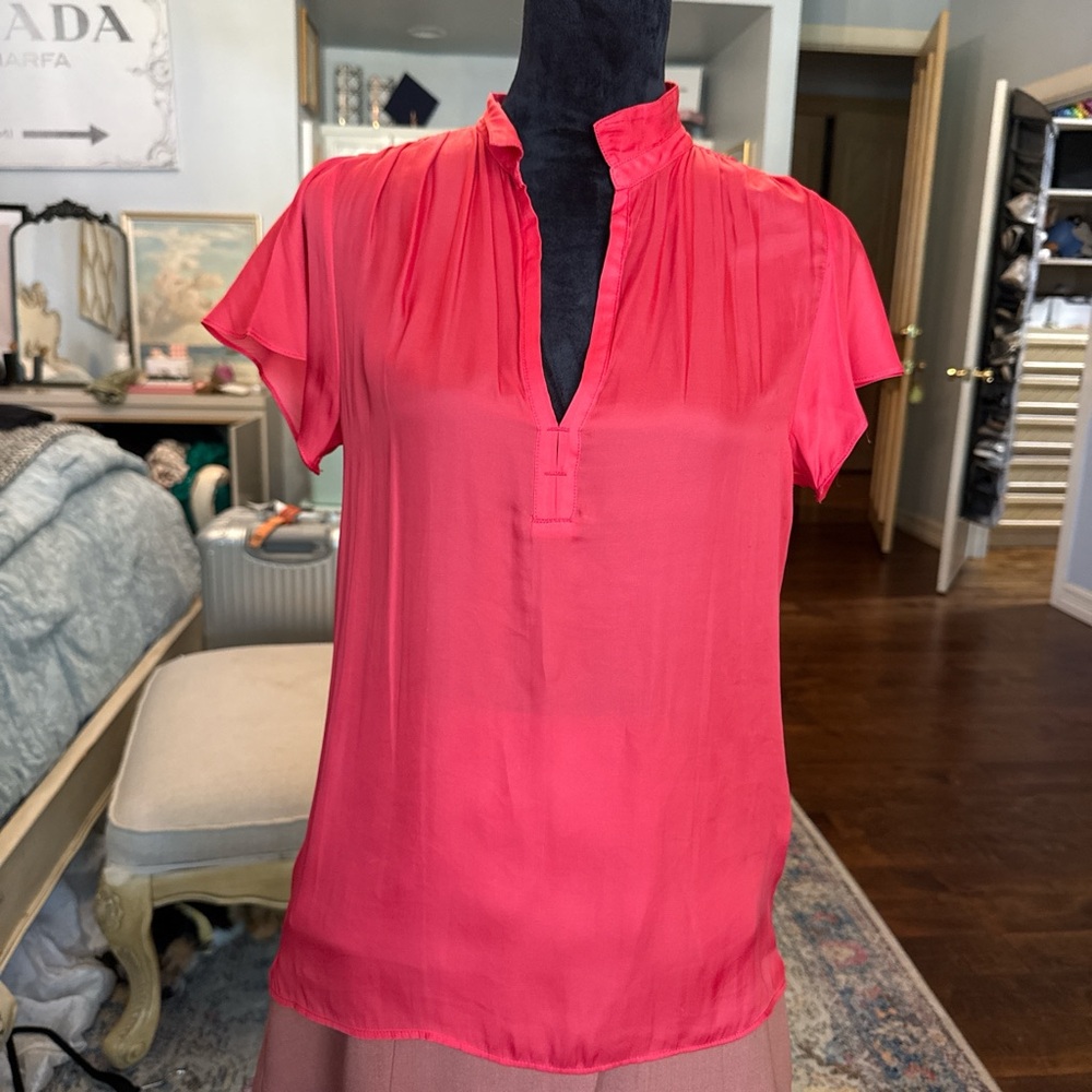 Zara Coral Pink Short-Sleeve V-Neck Ruffle Collar Blouse